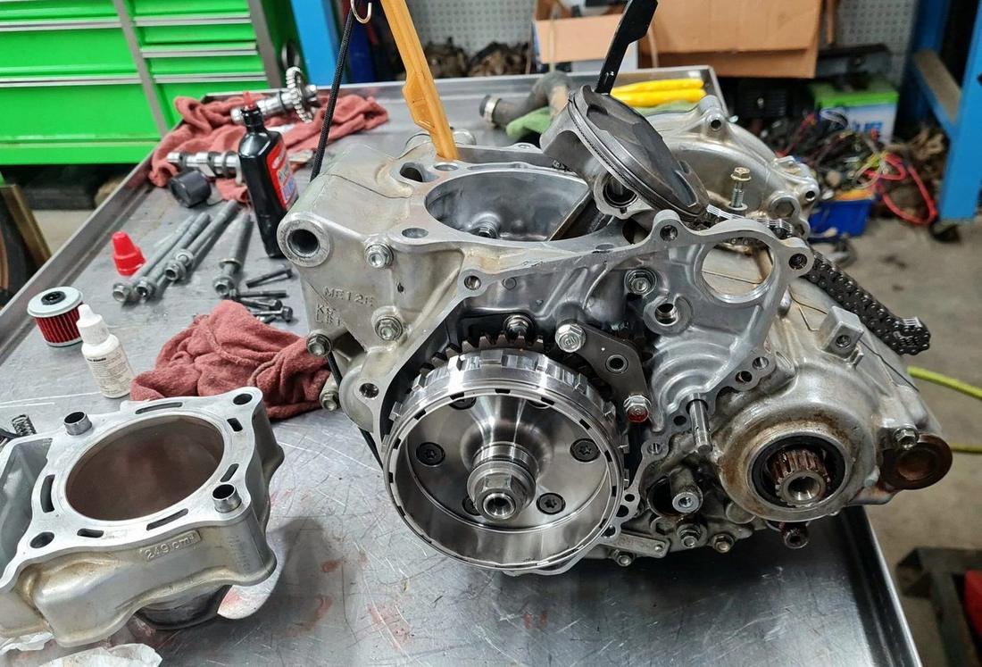 Motorcycle engine rebuild in progress on the bench